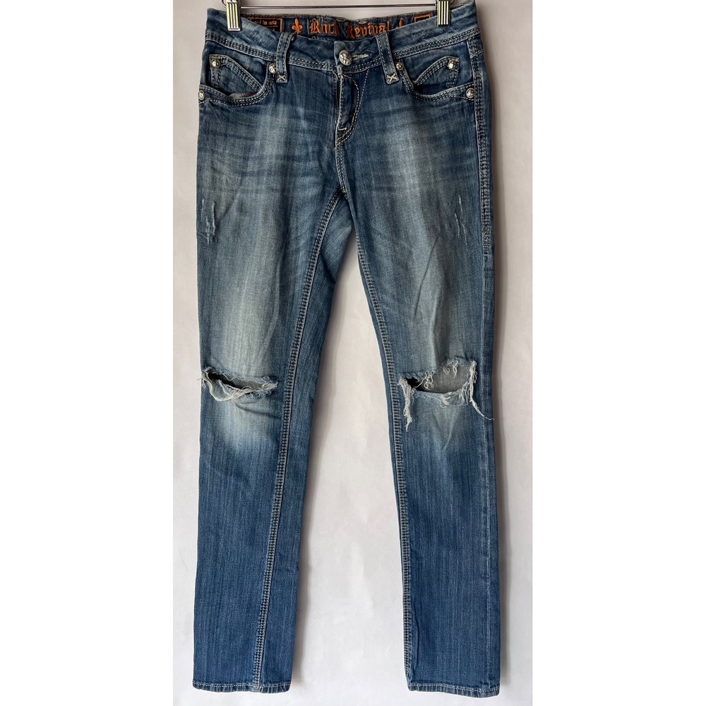 Rock Revival Hazel Straight‎ Distressed Jeans Embellished Pockets Size 27